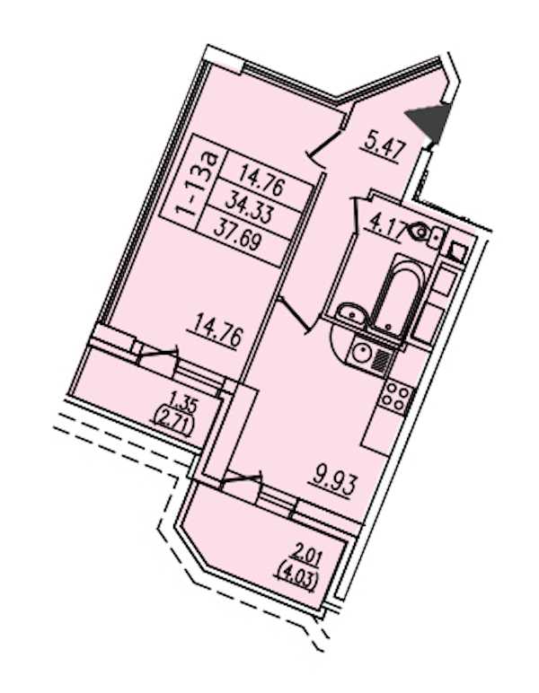 Однокомнатная квартира в : площадь 37.69 м2 , этаж: 4 – купить в Санкт-Петербурге